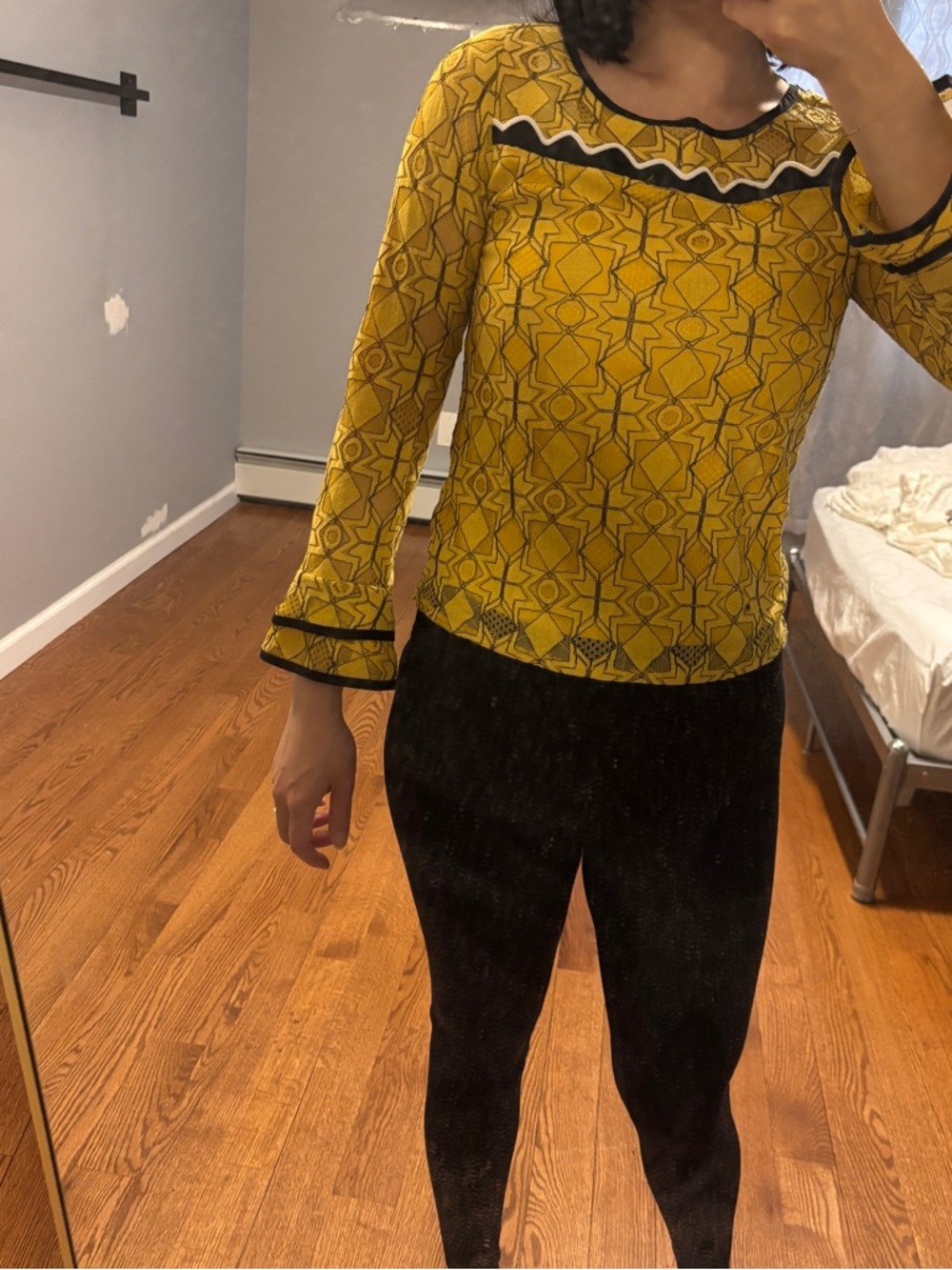 Yellow Patterned Long Sleeve Blouse